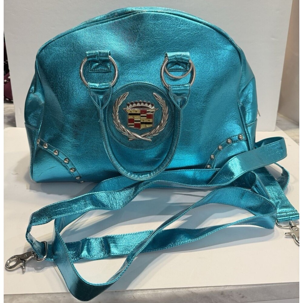 Vintage Ashley M Cadillac Y2K Metallic Turquoise Travel Duffle Bag Retro Funky